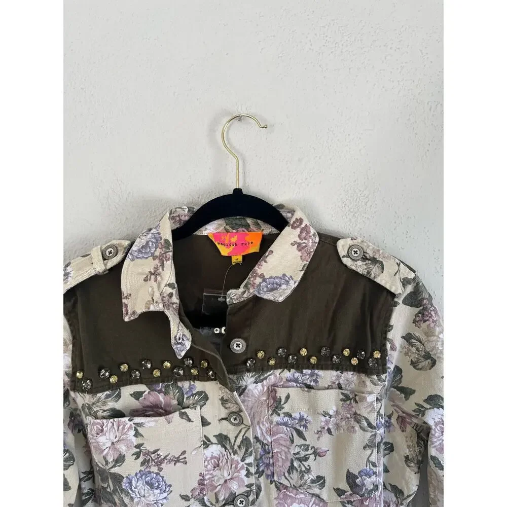 Anthropologie English Roses Woman  Floral Studded Denim Jacket, Size Med…